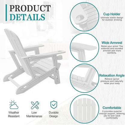 JY QAQA Outdoor Adirondack Chair Set of 2, All-Weather HDPE Patio Furniture with Detachable Table, Wood Texture & Cup Holder for Patio, Poolside, Garden, White