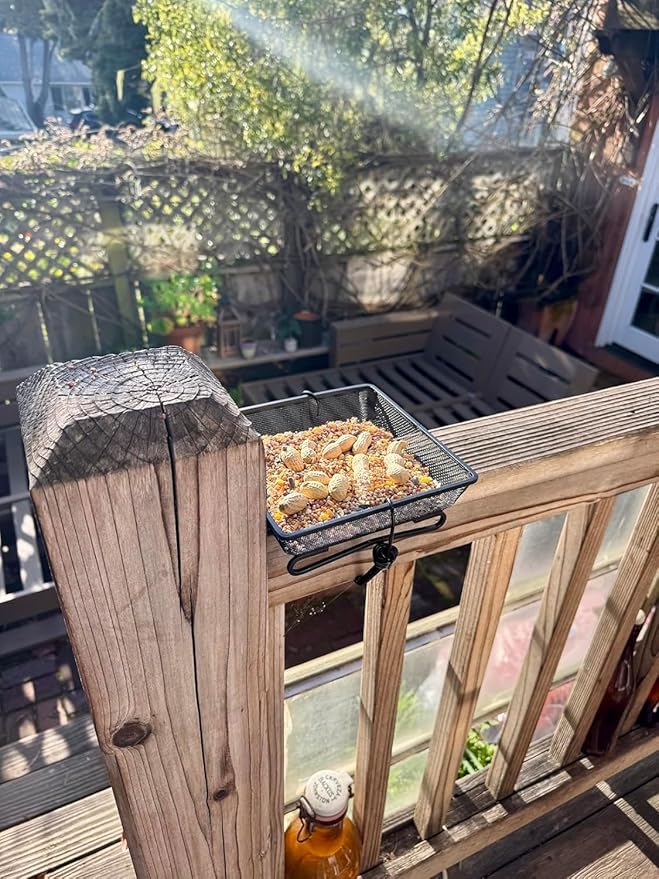 8" x 8" Railing Bird Feeder Tray for Balcony/Deck/Porch Platform Bird Seed Tray with 2 Elastic Rope Ground Mesh for Garden Backyard Outside Wild Birds or Squirrels