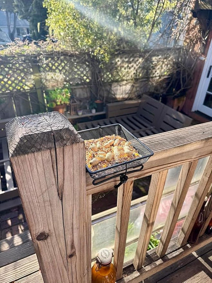 8" x 8" Railing Bird Feeder Tray for Balcony/Deck/Porch Platform Bird Seed Tray with 2 Elastic Rope Ground Mesh for Garden Backyard Outside Wild Birds or Squirrels