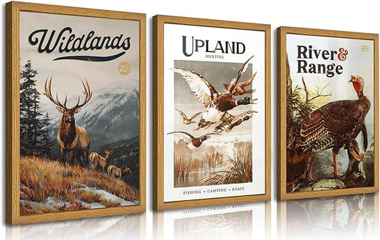 3Pcs Framed Wild Animal Canvas Wall Art Nature Wilderness Deer Wild Duckturkey Wall Decor Pictures Hunting Outdoorsy Cabin Posters Prints Gift Hunter Dad for Living Room Bedroom Home Decoration