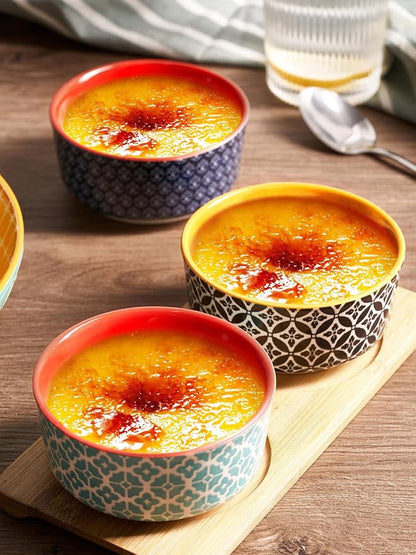 DOWAN Ramekins with Lids 4 oz Oven Safe for Creme Brulee Souffle, Ceramic Custard Cups for Baking, Small Bowls for Pudding Dip Ice Cream, Set of 6, Vibrant Colors