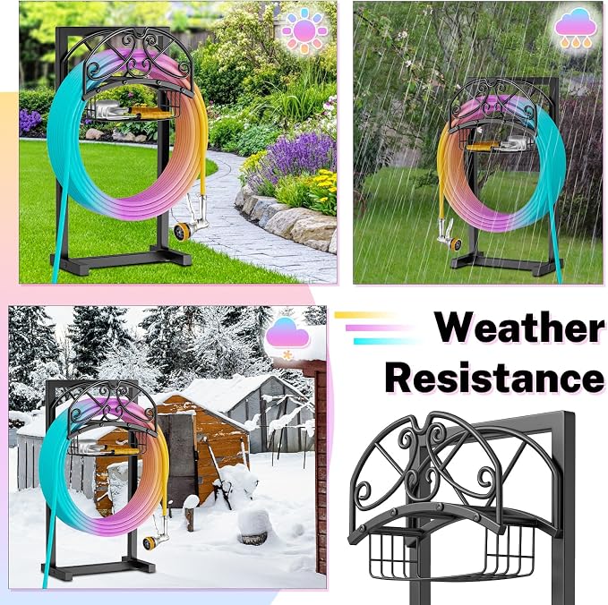Garden Hose Holder, Metal Water Hose Holder with Storage Basket, Heavy Duty 4 Spikes Hose Hanger Holds 150 Feet Hoses, Freestanding Hose Storage Reel Rack for Outdoor Yard Lawn,Line