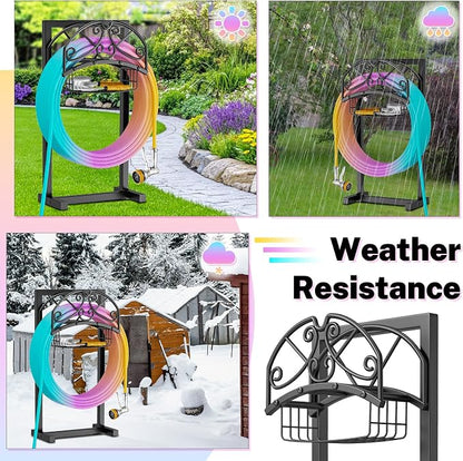Garden Hose Holder, Metal Water Hose Holder with Storage Basket, Heavy Duty 4 Spikes Hose Hanger Holds 150 Feet Hoses, Freestanding Hose Storage Reel Rack for Outdoor Yard Lawn,Line