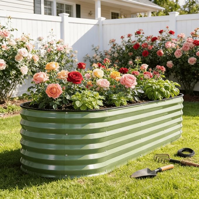 G GOOD GAIN Raised Garden Beds - 8x2x1.4ft Galvanized Planter Boxes Kit with Protective Tape & Gloves & Tools | Oval Metal Outdoor Raised Bed for Gardening Vegetables, Fruits, Flowers, Herbs, Oliver
