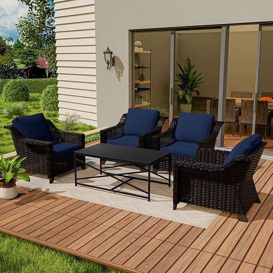 Vista Vibe 5 Pieces Outdoor Rattan Patio Conversation Furniture Set - 4 Wicker Chairs | Steel Coffee Table, Premium & Washable Cushions, Living Room, Poolside (Brown/Navy)