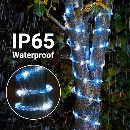 Solar Rope Lights, 33ft 100LED Solar String Lights, 8 Modes Waterproof Solar Powered Outdoor Light, Flexible Clear Tube Light for Garden Backyard Patio Deck Porch Pool Tree Christmas Decor -White&Blue