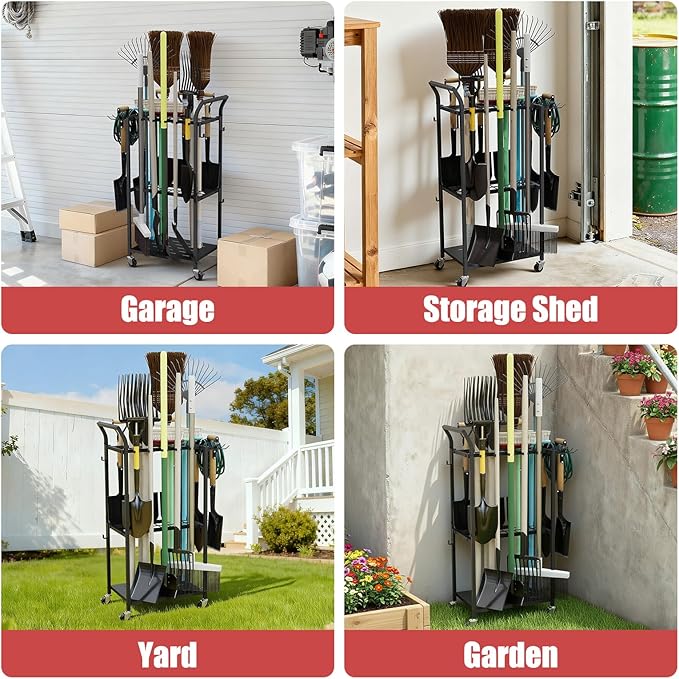 Faesun Garden Tool Organizer with Wheels, Heavy Duty Rolling Yard Tool Rack with 14 Hooks & 5 Slots, 3-Tier Metal Cart Holds 50+ Rakes/Shovels/Brooms, Mobile Lawn Storage for Garage Shed Outdoor