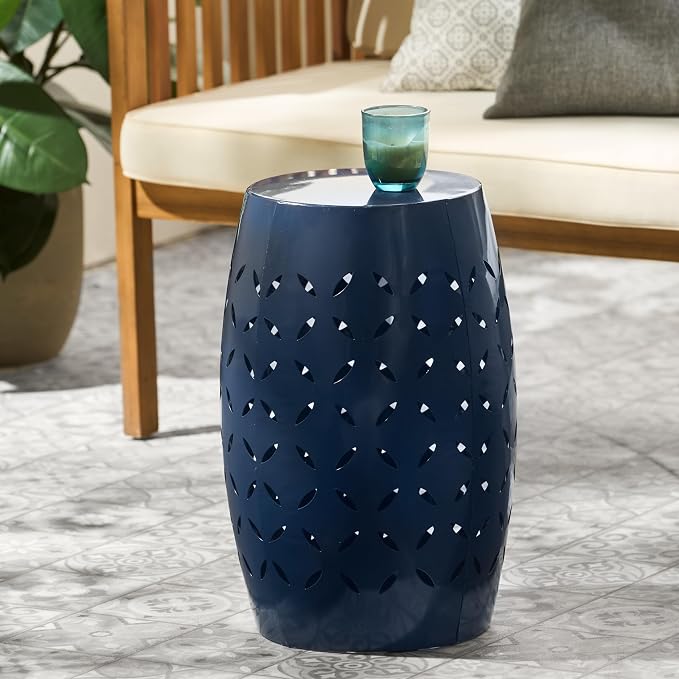 Christopher Knight Home Hayon 17.75'' Small Outdoor Side Table, Metal Outdoor Stool, Lace Cut Iron End Table, Hollow Drum Round Side Table, Decorative Garden Stool with Cutout Design, Dark Blue