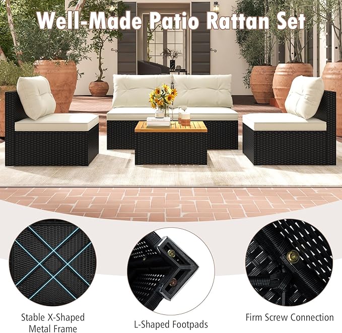 RELAX4LIFE 5-Piece Wicker Outdoor Furniture - PE Rattan Sectional Conversation Set w/4 Armless Sofas & Acacia Wood Coffee Table, Cushioned Patio Sofa Set for Garden Poolside Backyard Porch (Off White)