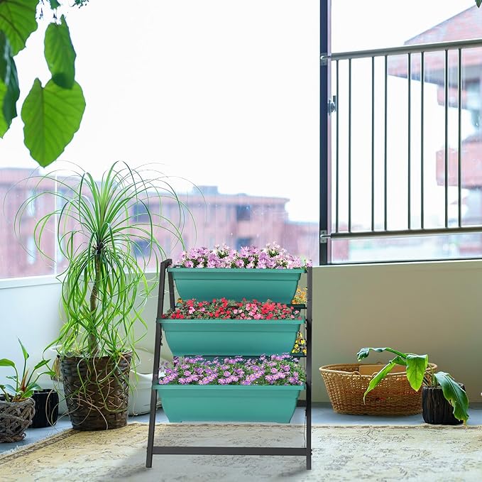 3 Tier Vertical Raised Garden Bed,Plastic & Metal Tiered Planter Stand,Foldable Indoor/Outdoor Plant Display Rack,Flower Planter Raised Stand,with 5 Boxes,for Patio Lawn Porch Yard Balcony (Green)