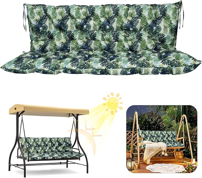 2/3 Seater Swing Replacement Cushion, Waterproof Porch Swing Cushions with Backrest, Thickened Bench Cushions for Outdoor Furniture, for Outdoor Patio Swing (Palm Leaves, 40 * 40 in)