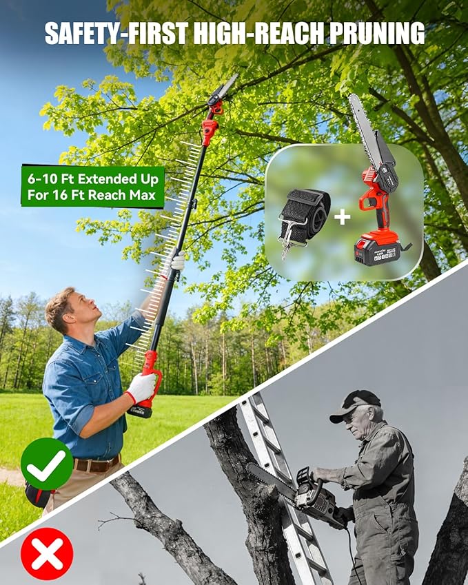 4-in-1 Cordless Pole Saw & Pruning Shears Combo Kit, 21V Electric Tree Trimmer with 180° Rotating Head, 16ft Max Reach, 8" Chainsaw & 2 x 4.0Ah Battery Powered Brushless Tree Pruner