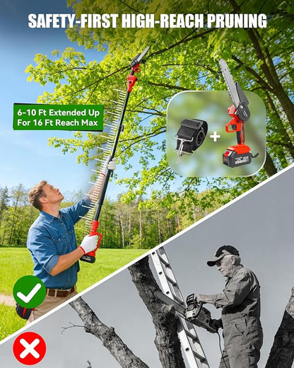 4-in-1 Cordless Pole Saw & Pruning Shears Combo Kit, 21V Electric Tree Trimmer with 180° Rotating Head, 16ft Max Reach, 8" Chainsaw & 2 x 4.0Ah Battery Powered Brushless Tree Pruner