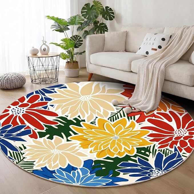 ZonLi Colorful Outdoor Rug 6x6Ft Waterproof Multicolored Indoor Area Rug Washable Outdoor Patio Rugs Tropical Floral Non Slip Outdoor Carpet for Living Room, Pool,Backyard,Deck,Camping