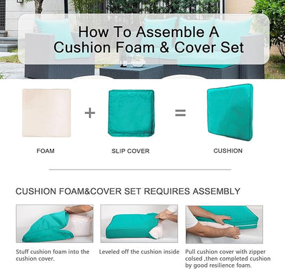 ARTPLAN Deep Seat Cushion with Backrest Set of 2 - All-Weather Outdoor Sofa Cushions for Sectionals-Polyester Fabric, Waterproof-High-Resilience Foam for Patio, Backyard Garden,Teal