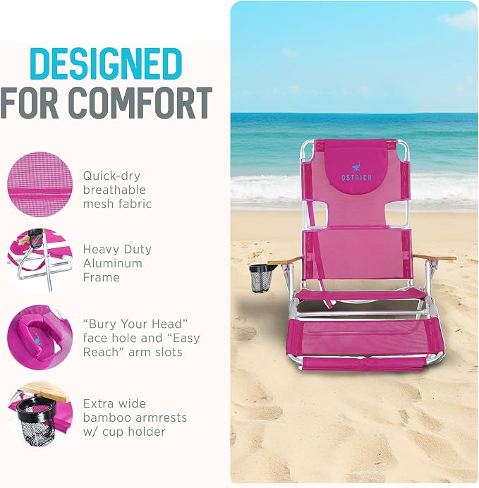 Ostrich The Original 3N1 Lightweight Lawn Beach Reclining Lounge | Chair with Footrest, Outdoor Furniture for Patio, Balcony, Backyard, or Porch, Pink