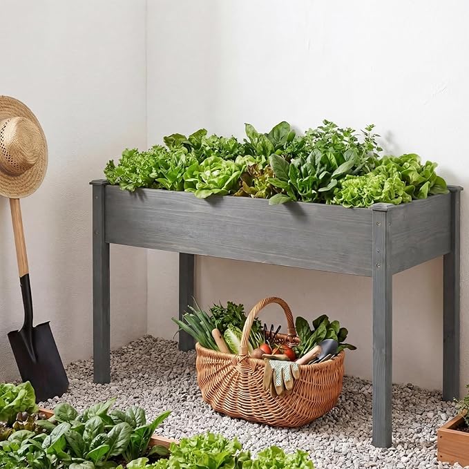 NEWBULIG Raised Garden Bed with Legs 48x24x30in,Elevated Wood Planter Box Stand for Outdoors Garden Balcony Courtyard, Natural Wood 400 Pound Capacity for Planting Herbs Flowers Vegetables, Grey