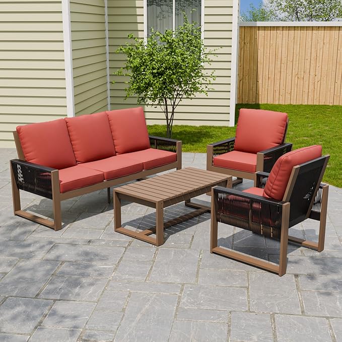 Rustic Hideaway Natural Cedar Wood Outdoor Furniture Set, Wicker Patio Conversation Set for Porch Garden Backyard, Couch, 2 Patio Chairs and Coffee Table, 4 Piece, Brownish/Red