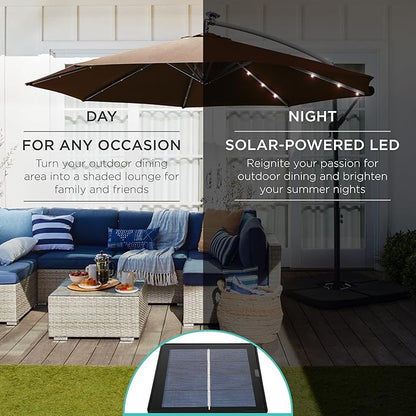 Best Choice Products 10ft Solar LED Offset Hanging Market Patio Umbrella for Backyard, Poolside, Lawn and Garden w/Easy Tilt Adjustment, Polyester Shade, 8 Ribs - Brown