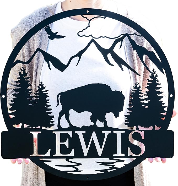 Custom Outdoor Bison Circle Monogram Sign | Lone Bison Decor | Bison Camp Sign | Buffalo Decor | Bison Name Metal Sign | Gift for Him