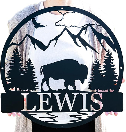 Custom Outdoor Bison Circle Monogram Sign | Lone Bison Decor | Bison Camp Sign | Buffalo Decor | Bison Name Metal Sign | Gift for Him