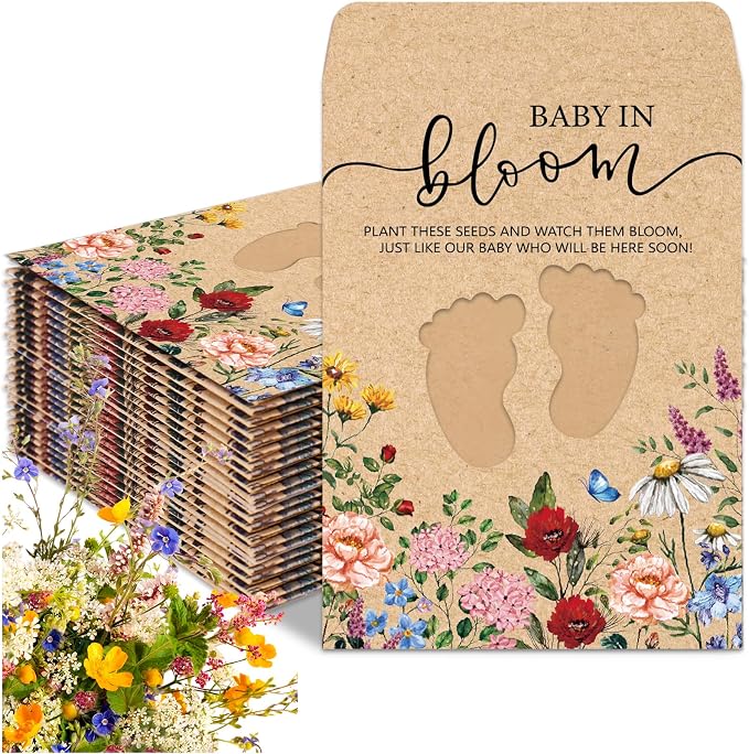 JarThenaAMCS 100Pcs Wildflower Baby Shower Seed Packets Self Adhesive Kraft Envelope with Footprint Window Vintage Floral Baby in Bloom Seed Storage Pockets for Gender Reveal Birthday