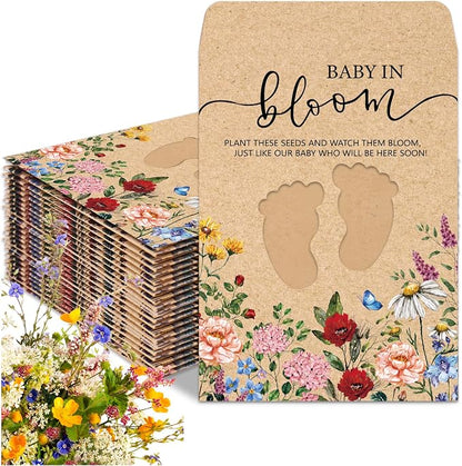 JarThenaAMCS 100Pcs Wildflower Baby Shower Seed Packets Self Adhesive Kraft Envelope with Footprint Window Vintage Floral Baby in Bloom Seed Storage Pockets for Gender Reveal Birthday