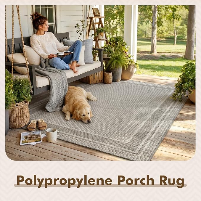 MontVoo-3x5 Outdoor Rug Porch Entryway Rug-Polypropylene Indoor Outdoor Rugs for Entryway Kitchen Balcony Patio, Textured Weave, Durable, Fade-Resistant, Non-Shedding, Modern Neutral Grey