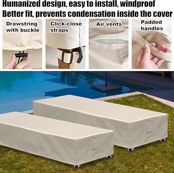 Outdoor Chaise Lounge Cover 1 Pack Patio Lounge Chair Covers Waterproof 600D Weather Resistant Material, UV Protection, Windproof Design Outside Furniture Covers 80" x 28" x 14" H,Beige