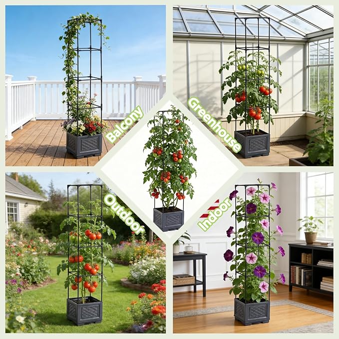 Tomato Planter Box with Trellis - Self-Watering Rolling Raised Garden Bed with Tomato Cages for Climbing Plants - Tomato Pots with Cage Plant Support for Flower Vegetable Vine Indoor Outdoor