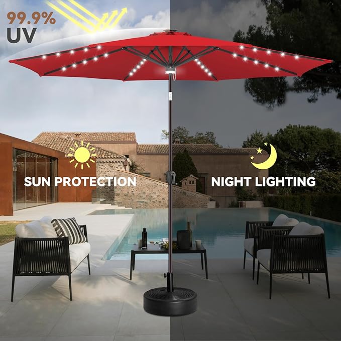 10ft Solar Umbrella Outdoor - Lighted Patio Umbrella with 40 LED Lights Waterprool Uv Protection, Table Umbrella with Tilt & Crank for Pool, Porch, Garden, Deck, Backyard(Red)