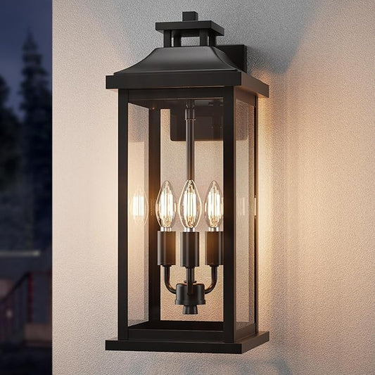 Large Outdoor Light 3-Light 20" Black Exterior Lighting Fixture, Modern Outside Wall Mounted Porch Sconce, Waterproof Patio Garage Garden Carriage Lantern Lamp for House E12, 1-Pack