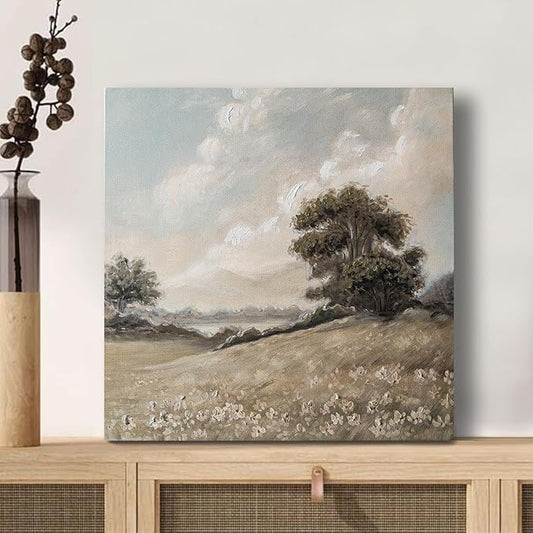 JolyWell Hand-Painted Vintage Canvas Wall Art, Landscape Wall Painting Prints, Rolling Hills Pictures for Bedroom Wall Decor, Vintage Outskirts Painting,for kitchen LivingRoom bathroom Office 12"x12"