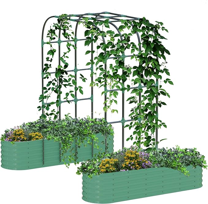 Expandable Arch Trellis Raised Bed Kit – 95" Metal Garden System with Vertical Netting, Plant Ties, and Drainage Design for Vegetables, Flowers, and Vines (Rust-Proof Green)