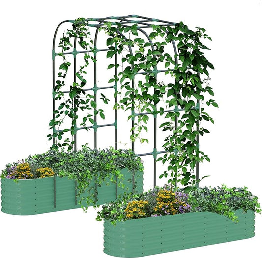 Expandable Arch Trellis Raised Bed Kit – 95" Metal Garden System with Vertical Netting, Plant Ties, and Drainage Design for Vegetables, Flowers, and Vines (Rust-Proof Green)