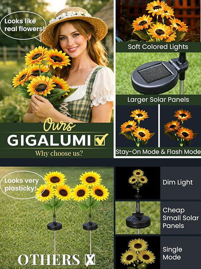 GIGALUMI Solar Garden Lights Artificial Sunflowers, LED Garden Decor Carefree Sunflower Solar Lights Outdoor Yard Decorations Outdoor, Everlasting Sunflower Decor Gift for Yard Patio (Set of 2)