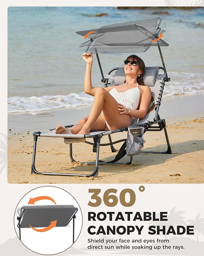 KingCamp Tanning Chair with Face Hole, Lounge Chairs Outdoor Folding Portable Comfy Adjustable 5-Position Foldable Chaise Chaser with Canopy Shade for Outside Beach Patio Sun Bathing Pool, Grey