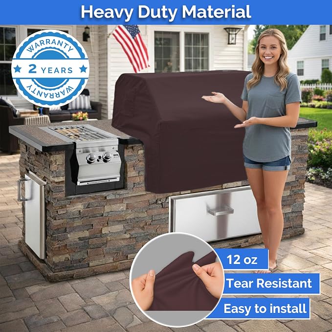 Covers & All Built-in Grill Cover for Outdoor Grill – Heavy Duty 12 oz Waterproof Built-in BBQ Grill Cover, PVC-Coated Polyester with Elastic Hem for Snug Fit (36 x 26 x 14 inches, Coffee)