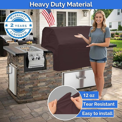 Covers & All Built-in Grill Cover for Outdoor Grill – Heavy Duty 12 oz Waterproof Built-in BBQ Grill Cover, PVC-Coated Polyester with Elastic Hem for Snug Fit (44 x 26 x 24 inches, Coffee)