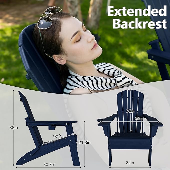 Plawdlik Folding Adirondack Chair, SGS Tested, Wooden Textured with Cup Holder, Heavy All-Weather HDPE Comfortable Set Poolside Backyard Lawn Navy Blue Set 4