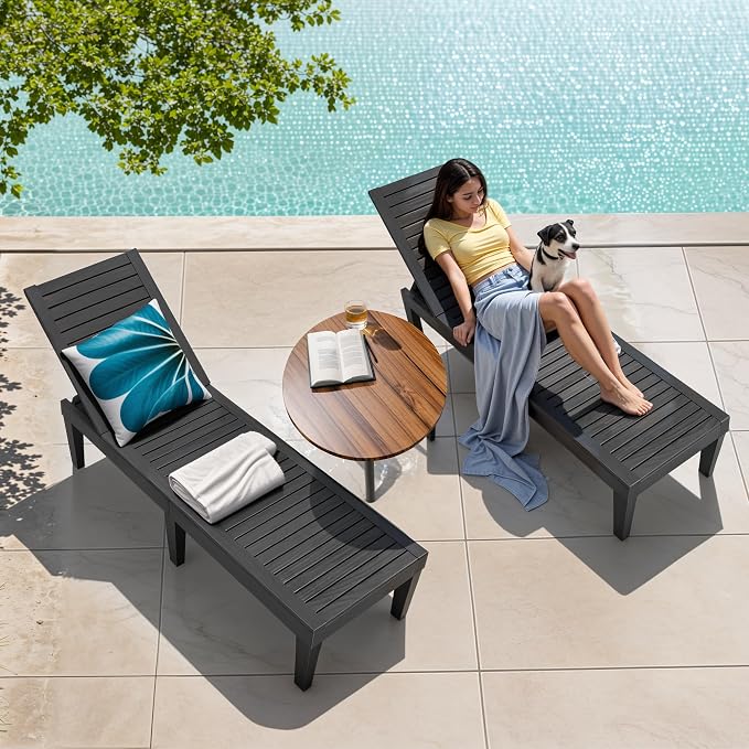 Outdoor Lounge Chairs Set of 4, 5-Position Adjustable Tanning Chairs with Wood Grain, All-Weather Resin Patio Recliners for Pool, Garden, Deck, Beach, Patio Lounge Chairs, Texture Black