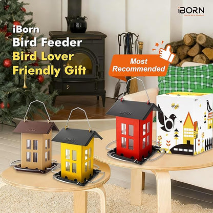 iBorn Bird Feeder House, Metal Bird Feeders for Outdoors Hanging,Double-Sided Metal Hanger & Weatherproof, Easy to Clean & Refill, 2.2 Lbs Capacity, Red