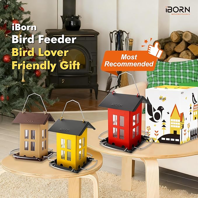 iBorn Bird Feeder House, Metal Bird Feeders for Outdoors Hanging,Double-Sided Metal Hanger & Weatherproof, Easy to Clean & Refill, 2.2 Lbs Capacity, Muted Yellow