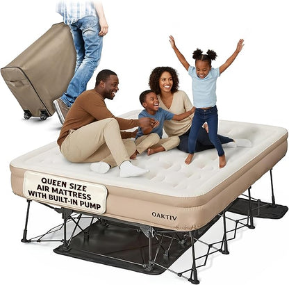 Queen Air Mattress with Frame, Self Inflating/Deflating Blow Up Bed for Adults - PeakRest Camping Cot with Mattress - Portable Queen Size with Travel Rolling Case on Wheels