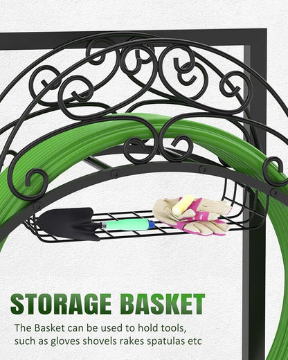 Breeze Touch Garden Hose Holder Freestanding with Storage Basket, 4-Spike Stable Water Hose Holder for Outside, Heavy Duty Metal Hose Stand Holds 150FT Hose, Easy Install Hose Organizer for Yard Lawn