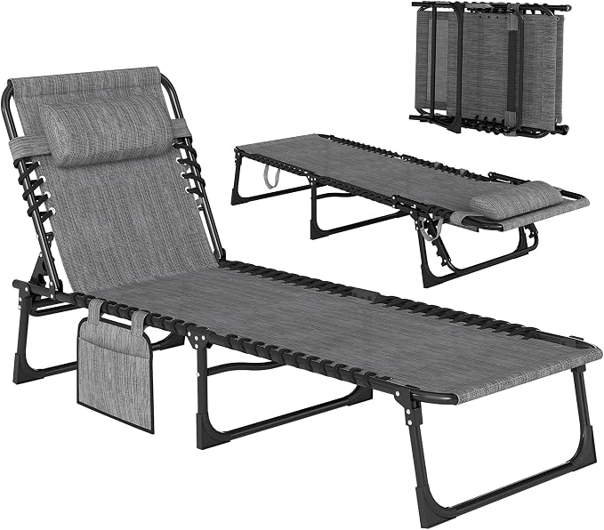 Outsunny Folding Chaise Lounge Chair Outdoor, Sun Tanning Chair with Side Pocket, Carrying Strap, Portable Patio Beach Lounger with 5-Position Reclining Back, Headrest for Pool, Camping, Yard, Gray