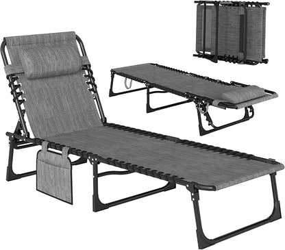 Outsunny Folding Chaise Lounge Chair Outdoor, Sun Tanning Chair with Side Pocket, Carrying Strap, Portable Patio Beach Lounger with 5-Position Reclining Back, Headrest for Pool, Camping, Yard, Gray