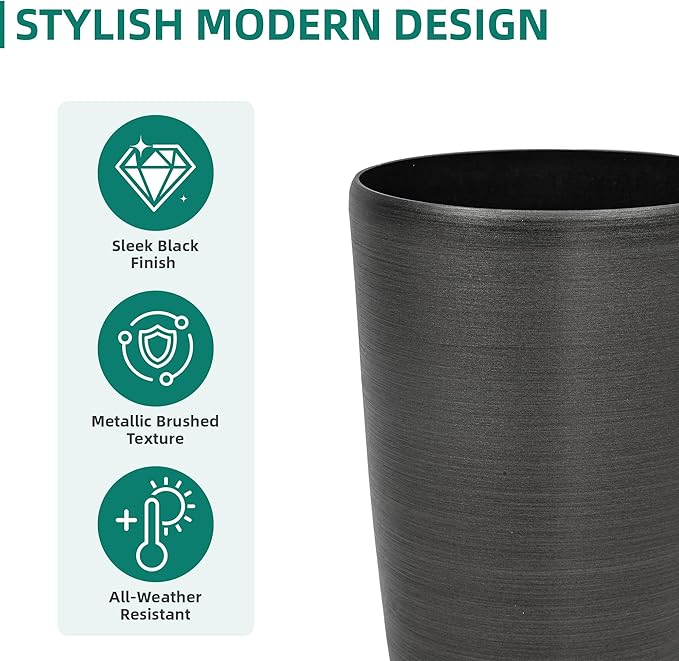 22.8" Large Planters Pot Set of 2 Flower Pots Tall Pots for Plants with Modern Handmade Brushed Metal Finish, Weather-Resistant for Indoor, Outdoor, Deck and Porch, Black