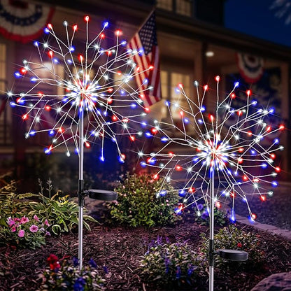 suddus 4th of July Decorations Solar Garden Lights, Upgrade 2Pack 150LED Red White Blue Solar Firework Lights with 8 Modes Outdoor, Starburst Fairy Lights Waterproof Yard for Independence Day Decor