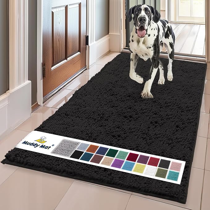 Muddy Mat® | Super Water Absorbent Door Mat Indoor, Microfiber Quick Dry Chenille Entryway Rug, Slip Resistant Front Door Mat, Indoor Mats for Entryway, Machine Washable Pet Rug, Black 36"x120"